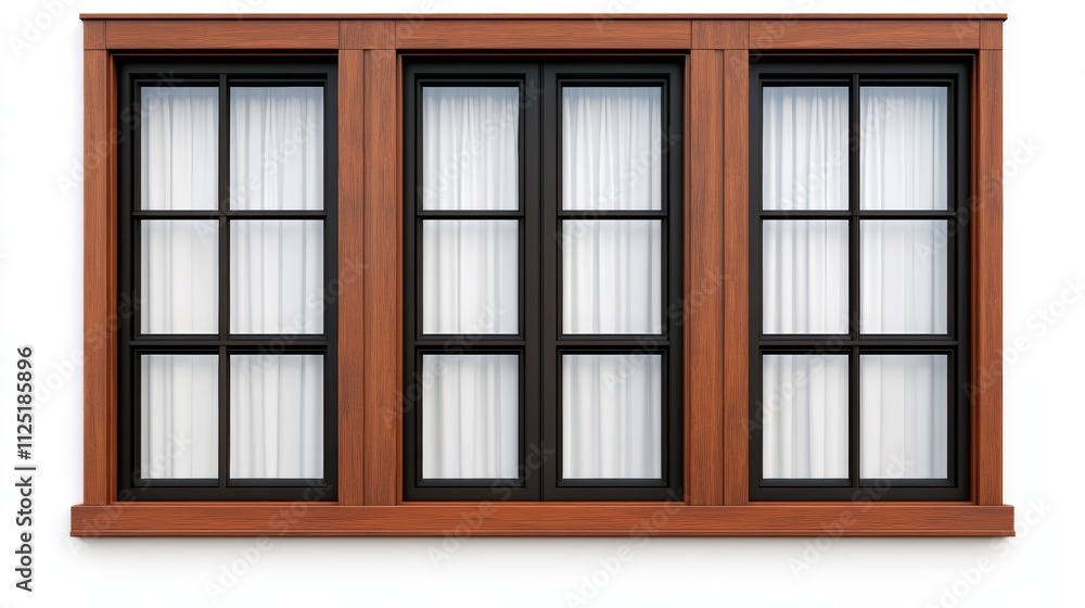 Poster rustic wooden window frame with clear glass panes against a pristine white backdrop, study in archit
