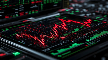 Fototapeta premium Financial stock market data on screen, red and green graph, trading dashboard, for website or presentation background