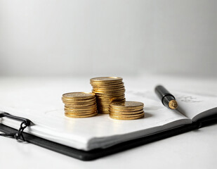 stack of golden bitcoins and pen on notebook with copy space on white background