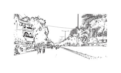 Building view with landmark of Varanasi is the city in India. Hand drawn sketch illustration in vector.