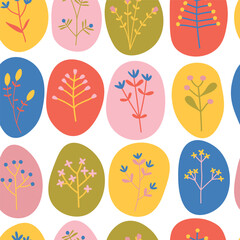 Cute seamless pattern with illustrated spring flowers in colorful groovy bubbles