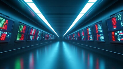 Financial Data Corridor Display - Futuristic data visualization, stock market trends, financial technology, investment analysis, economic growth.