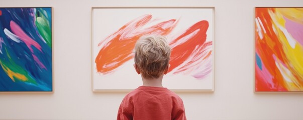 Young artist showcasing their first gallery exhibit, with visitors admiring vibrant and innovative artworks