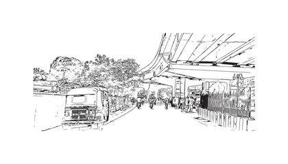 Fototapeta premium Building view with landmark of Varanasi is the city in India. Hand drawn sketch illustration in vector.