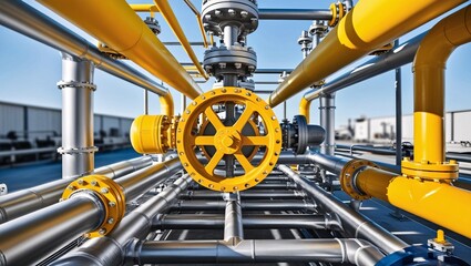 industrial photograph featuring a complex network of metal pipes and valves.
