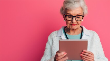 Senior woman engaged with tablet indoor setting digital interaction pink background close-up view technology use