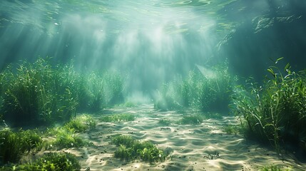 Obraz premium Sunlit underwater landscape with sea grasses, serene summer diving travel.