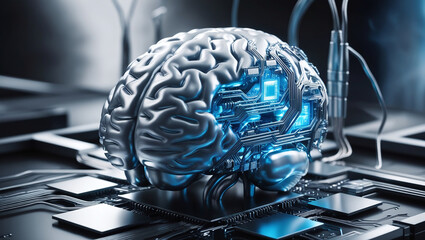 Cybernetic brain, symbolizing artificial intelligence, neural networks.