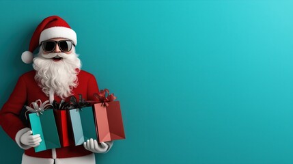 Naklejka premium Modern Santa Claus with trendy sunglasses and colorful shopping bags creates a festive atmosphere