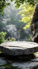 Fototapeta premium Nestled between towering rocks, a sturdy stone podium stands gracefully. Lush foliage and vibrant flora cradle the podium, inviting a sense of calm and wonder in this enchanting location