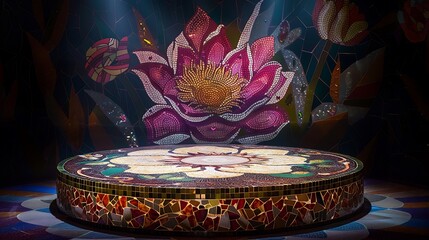 A mosaic podium featuring a floral design in vibrant colors, with a soft spotlight highlighting the detailed craftsmanship