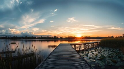 Obraz premium Serene Sunset Over Still Waters: A wooden pier extends into a tranquil lake, bathed in the warm glow of a setting sun. The sky above is ablaze with vibrant hues.