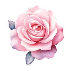 Watercolor Pink rose, isolated, top view, PNG 