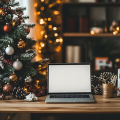 Modern Office Desk with Christmas Decorations and Blank Laptop Screen