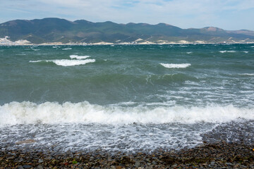 View of a stormy seascape of waves and the Black Sea
