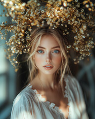 Elegant Portrait of a Blonde Woman with Blue Eyes and Floral Headpiece in Soft Natural Lighting – Romantic and Artistic Photography