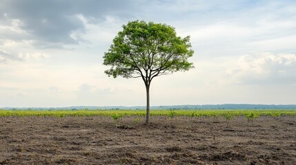 Obraz premium forestry industry concept. Lone tree stands in a barren field under a cloudy sky, symbolizing resilience and nature.