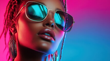 A striking portrait illuminates a person in vibrant neon lighting, highlighting their glamorous features and creating a high-fashion aesthetic with modern appeal.