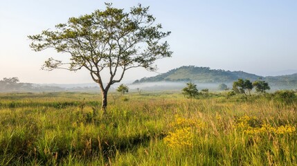 forestry industry concept. Lush green landscape featuring a solitary tree and distant hills under a clear sky.