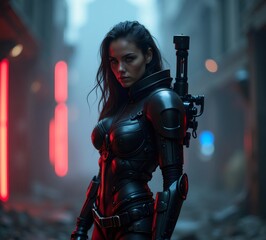 Mujer futurista con traje de combate en un entorno urbano distópico
