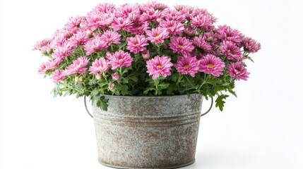Pink Chrysanthemum Bouquet in Rustic Metal Pot - A Beautiful Floral Arrangement