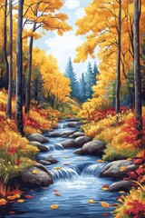 A Serene Autumn Forest Stream with Vibrant Foliage and Calm Cascading Waters in a Picturesque and Tranquil Natural Setting Surrounded by Golden and Red Leaves