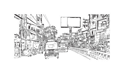 Building view with landmark of Varanasi is the city in India. Hand drawn sketch illustration in vector.