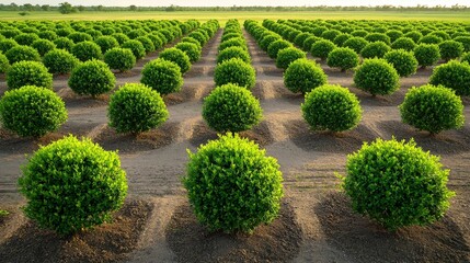 forestry industry concept. Lush green bushes arranged in neat rows on a sunny day.