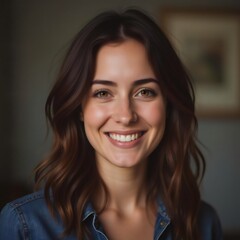 Retrato de una persona con cabello ondulado y camisa de mezclilla azul en interior
