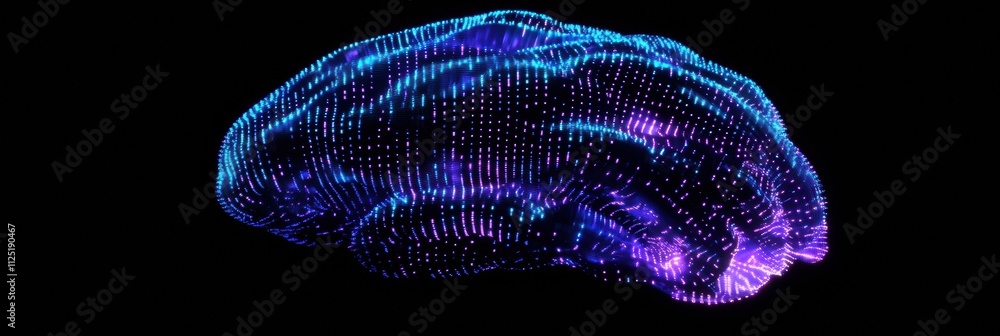 Poster digital representation highlights a futuristic brain composed of glowing blue and purple grids, crea
