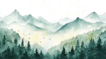 Fototapeta premium Misty Mountain Range Watercolor Painting