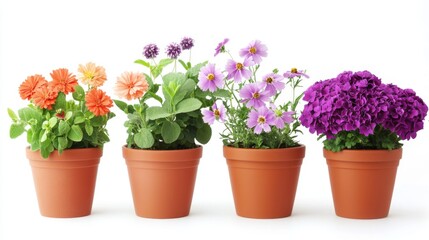 Four Colorful Flower Pots with Vibrant Blooms