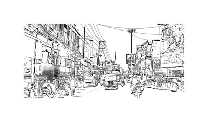 Building view with landmark of Varanasi is the city in India. Hand drawn sketch illustration in vector.