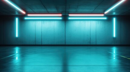 An expansive, modern room illuminated by vibrant neon blue lights contrasts against a dark backdrop, providing a futuristic and sleek atmosphere with a minimalist touch.