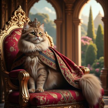 Un majestuoso gato con corona y capa real posando en un trono dorado en un entorno palaciego
