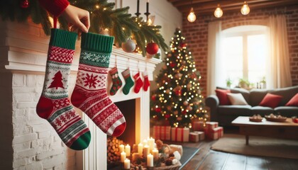A pair of red Christmas stockings with white top