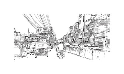 Building view with landmark of Varanasi is the city in India. Hand drawn sketch illustration in vector.