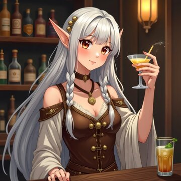 Una elfa con orejas puntiagudas y cabello blanco disfruta de un c&oacute;ctel en un bar elegante y sofisticado
