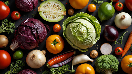 A colorful assortment of fresh vegetables, including cabbage, carrots, onions, tomatoes, and eggplants, arranged on a dark surface.