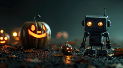 Obraz premium Halloween Friendship: Spooky Pumpkin and Robot in the Dark