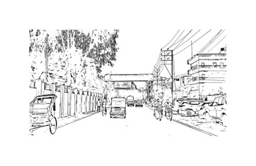 Building view with landmark of Varanasi is the city in India. Hand drawn sketch illustration in vector.