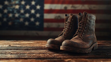 Work Boots with American Flag on Rustic Table