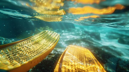 A detailed shot of swim fins underwater.