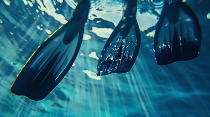 A detailed shot of swim fins underwater.