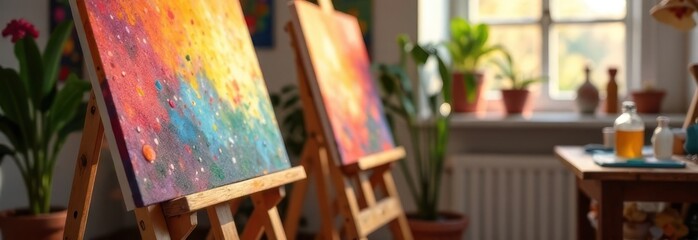 artist's workshop, vibrant art studio with blurred brushes and easels with warm natural lighting and creative ambiance. banner design with copy space. creativity, hobby, leisure, education