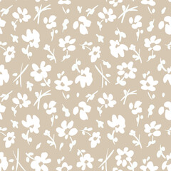 All over vector seamless repeat pattern with ditsy tossed white flowers on light soft tan background. Simple and versatile retro cottage everyday ditsy floral backdrop. Shabby chic floral.