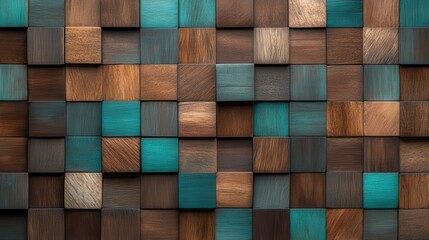 A checkered pattern with teal and brown hues woven in a wooden texture. Perfect for admirers of geometric designs and modern wall art aesthetics.