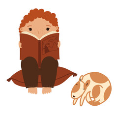 A child from diverse ethnicity reading a book to a dog. Ideal for educational projects, promoting reading, literacy, early learning, pet companionship, and family moments in various content formats.
