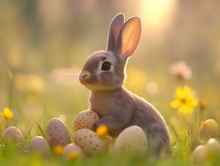 Bunny with Easter eggs on the flower meadow