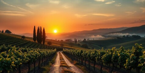 Fototapeta premium Golden Hour Vineyard: A picturesque vineyard bathed in the warm glow of sunset, with rows of grapevines leading to a dusty path amidst rolling hills and towering cypress trees.
